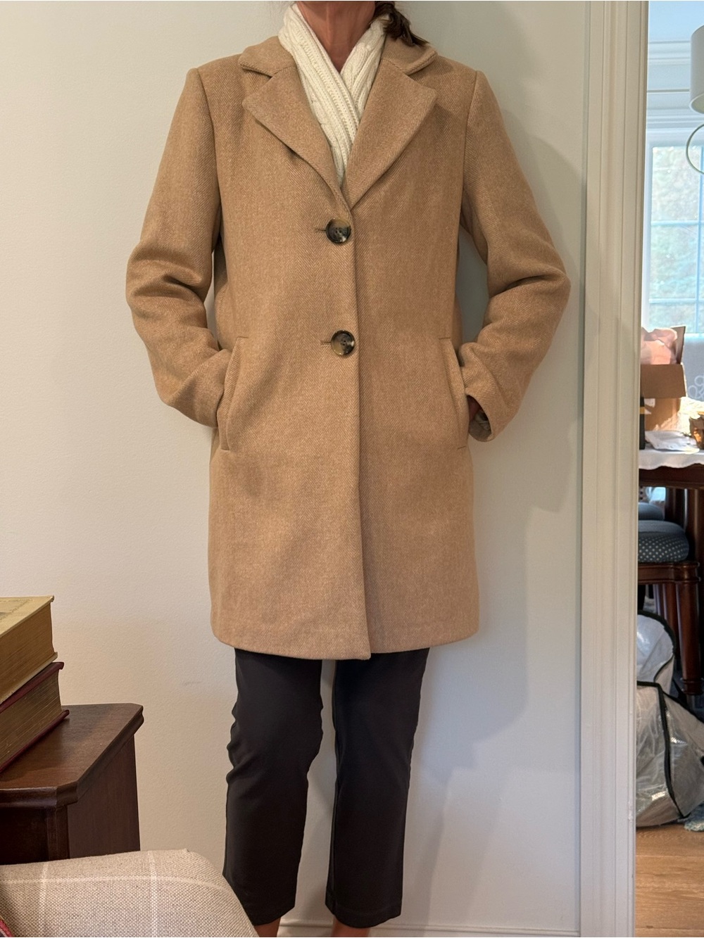 Sam Edelman Tan Wool Blend Coat Classic Notch Lapel Dark Tortoise Style Buttons